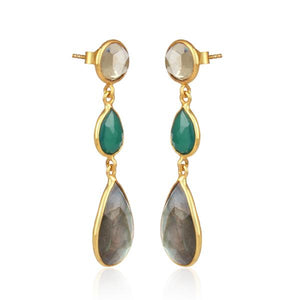 Silver Gilt Labradorite, Lemon Topaz and Green Onyx Drop Earrings - Barnbury