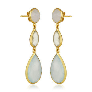 Silver Gilt Lemon Topaz, Aqua Chalcedony and Rainbow Moonstone Drop Earrings - Barnbury