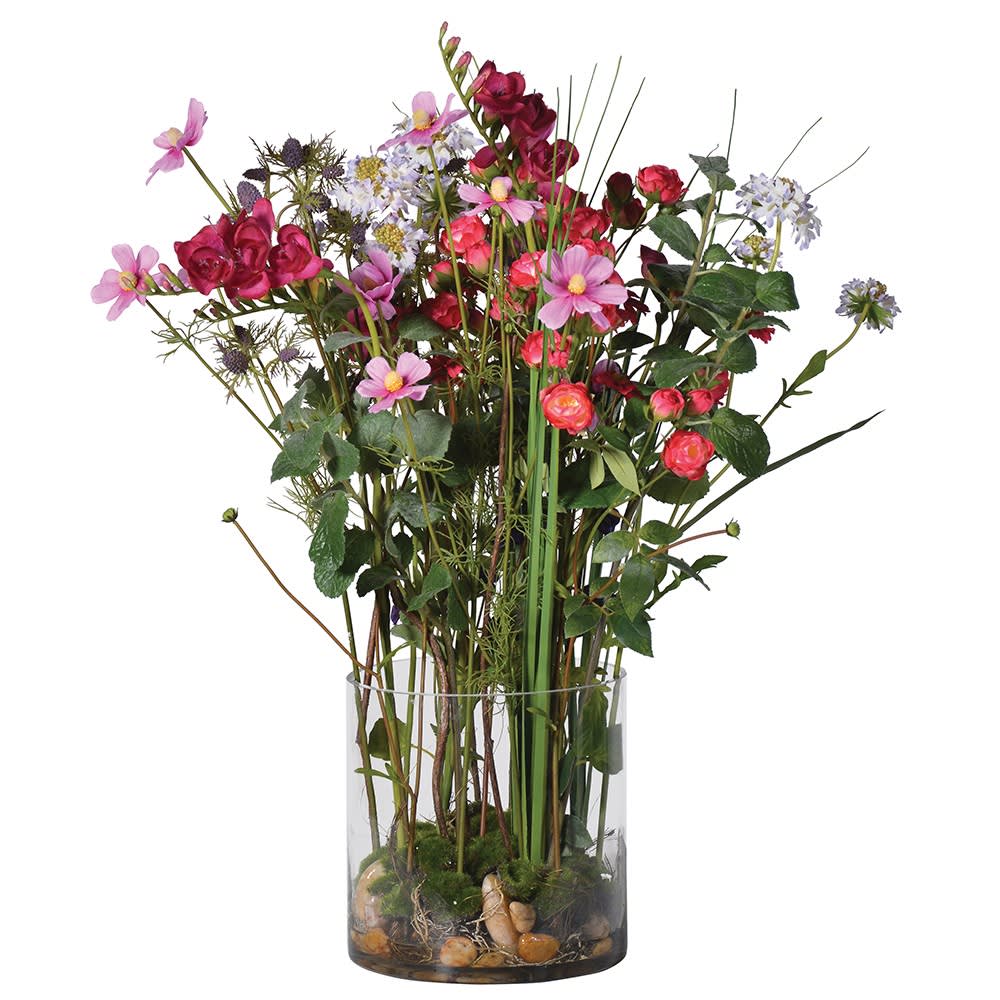 Faux Wild Flowers Arrangement in Glass Vase - Barnbury