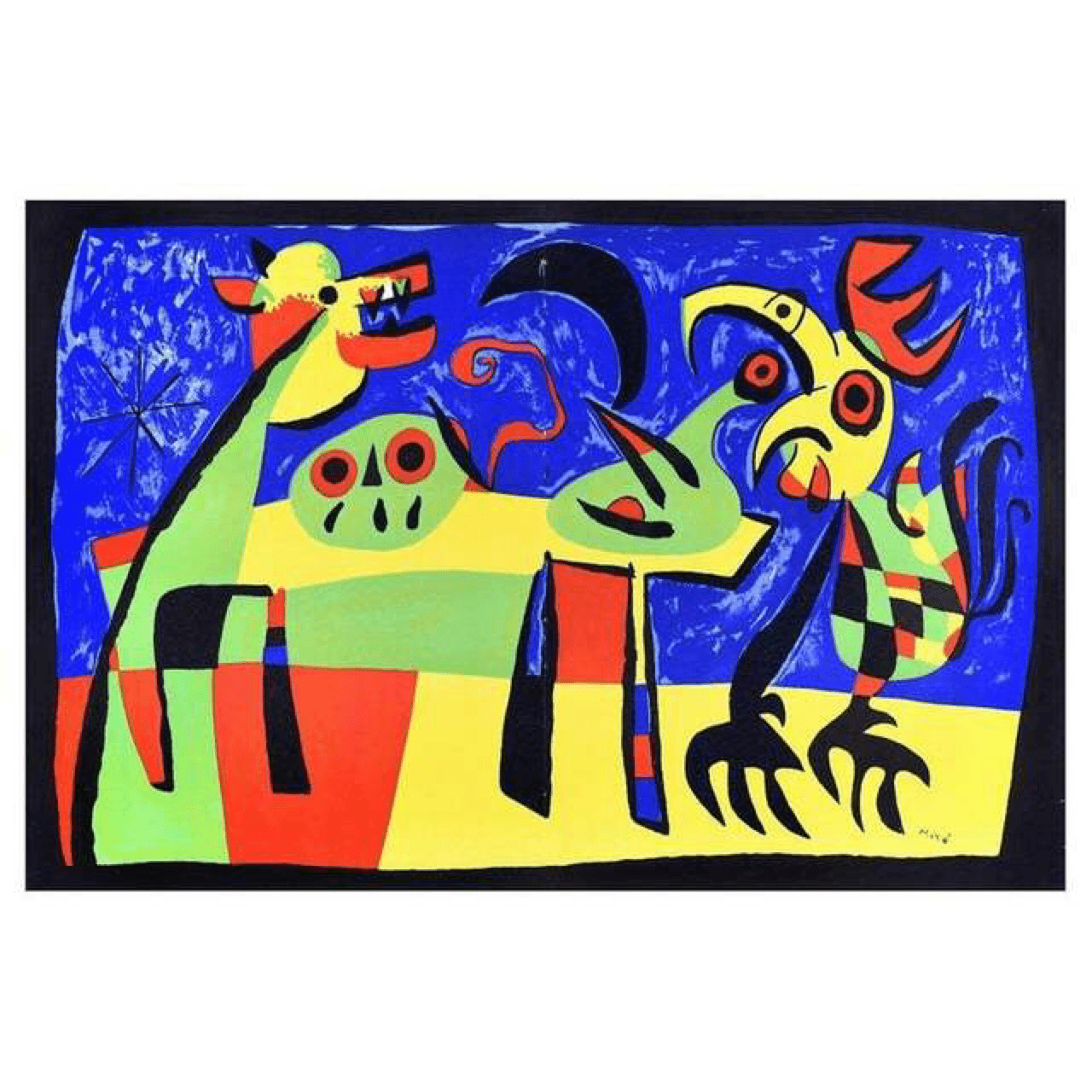 Joan Miró - Le chien aboyant à la lune reveille le coq le chant du coq picote le crane du fermier Catalan posé sur la table à coté du pourron - BARNBURY