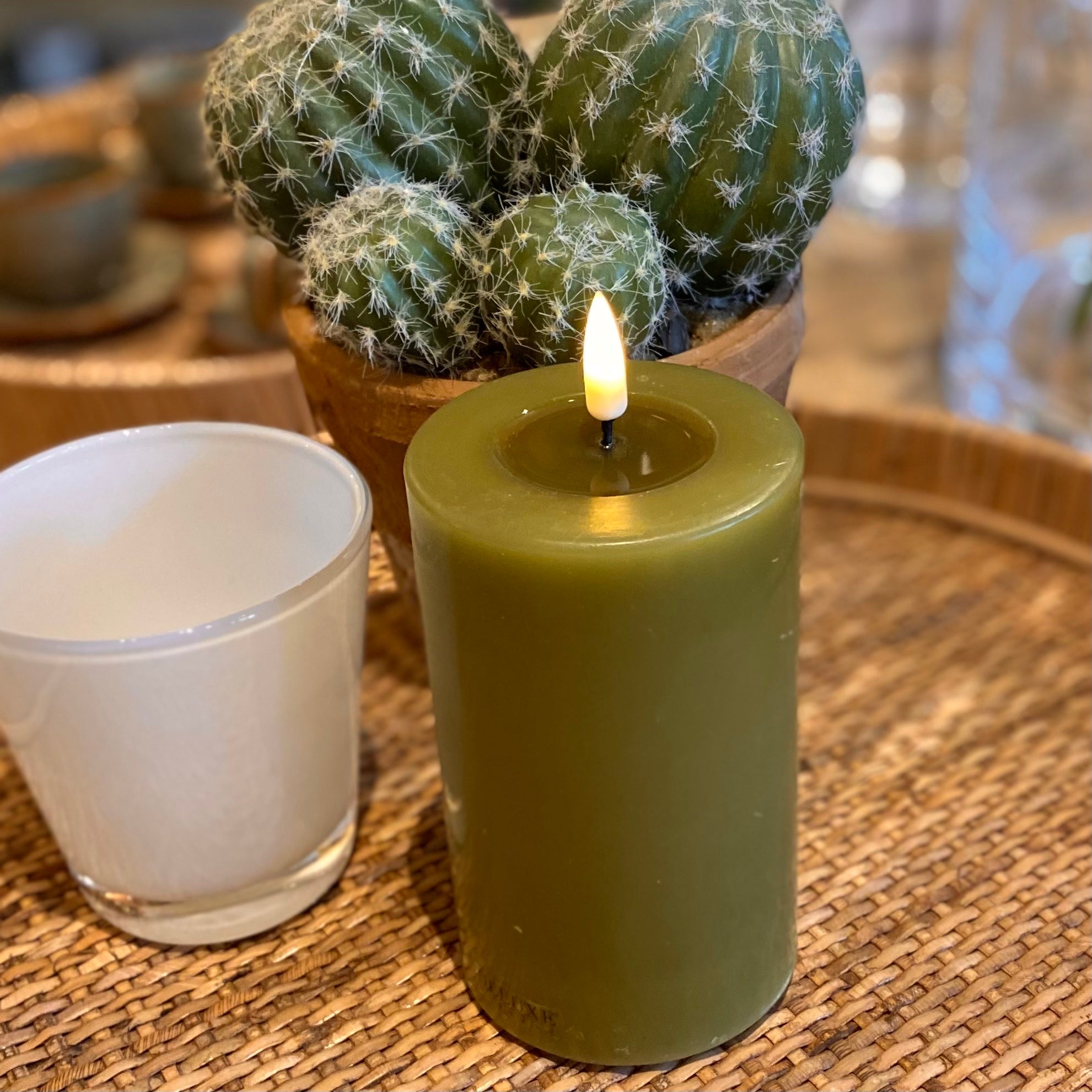 Olive Green Wax LED Battery Candles Flameless Candles Barnbury 7.5cm x 12.5cm 