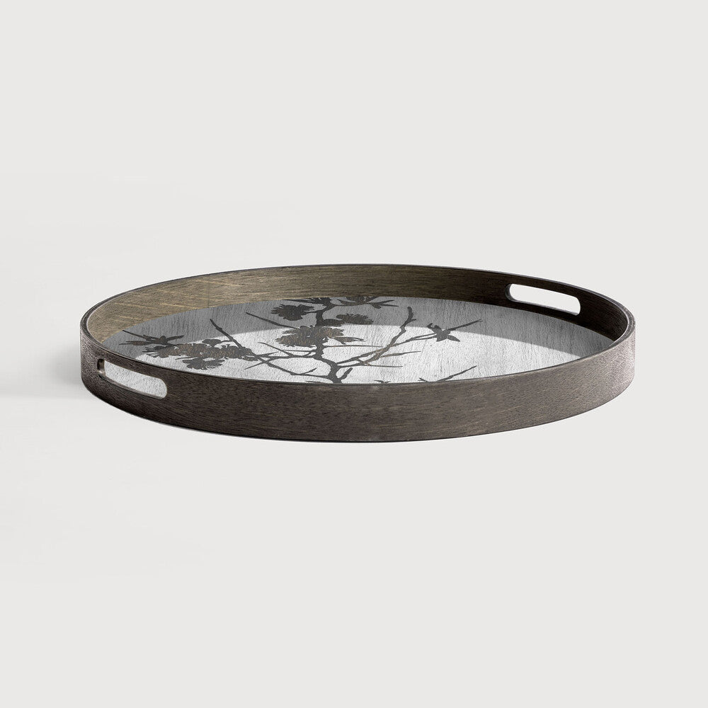 Round Tray with a Whitewashed Finish and Blossom Detail Tray Ethnicraft 